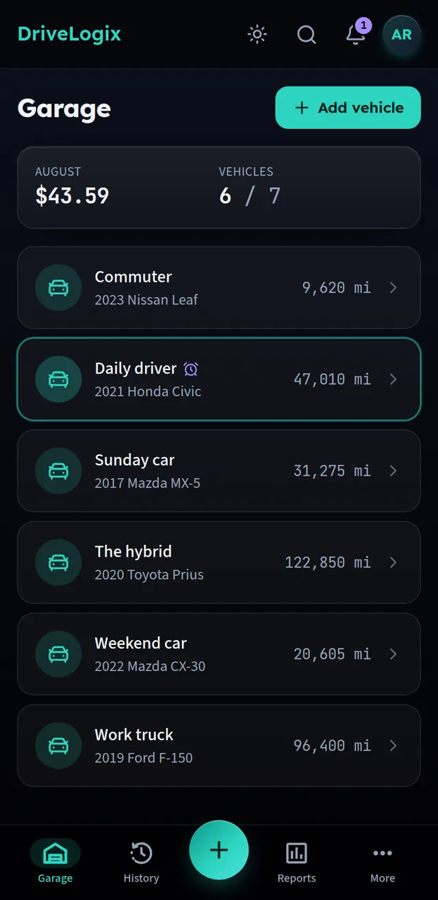 Garage screen listing six vehicles with their current odometer readings, and this month's spending across all of them
