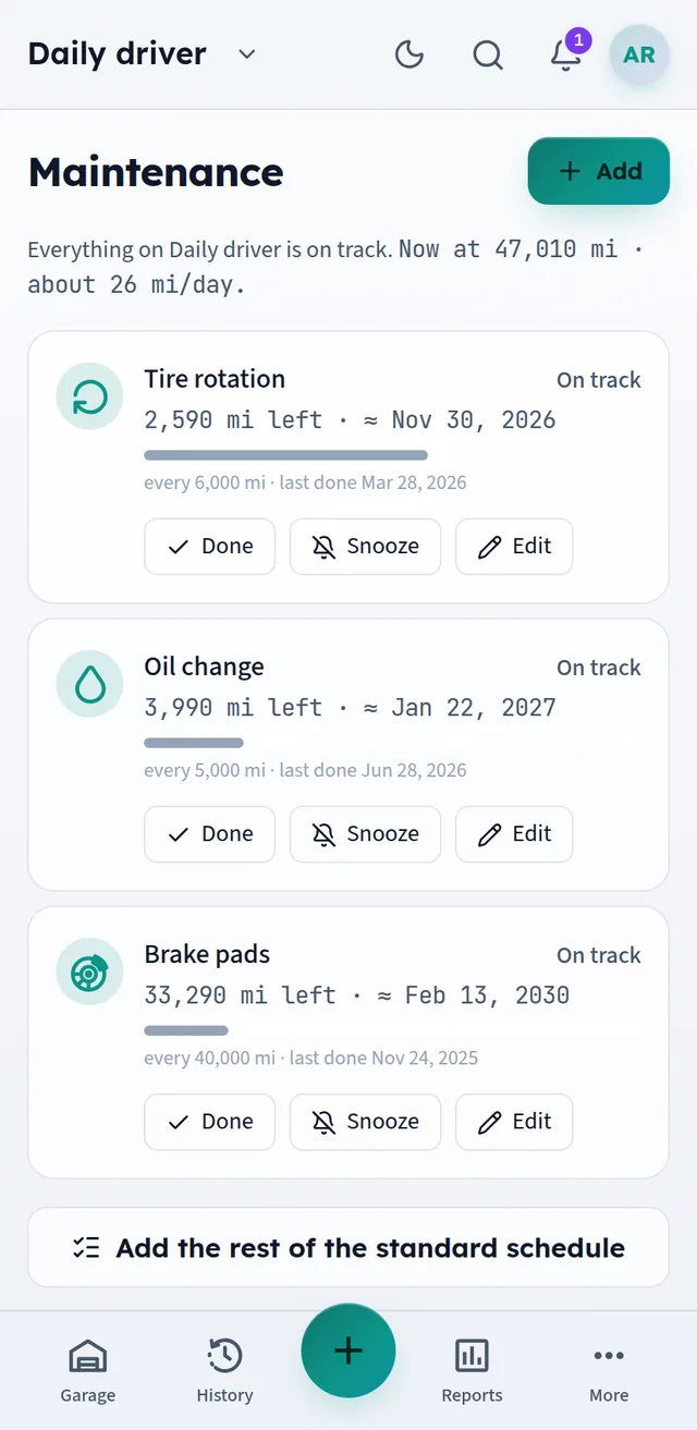 Maintenance screen: tire rotation, oil change and brake pads with miles remaining, projected due dates and progress bars